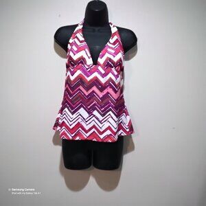 Island Escape White & Coral Chevron V-Neck Halter Tankini Top NWT Various Sizes